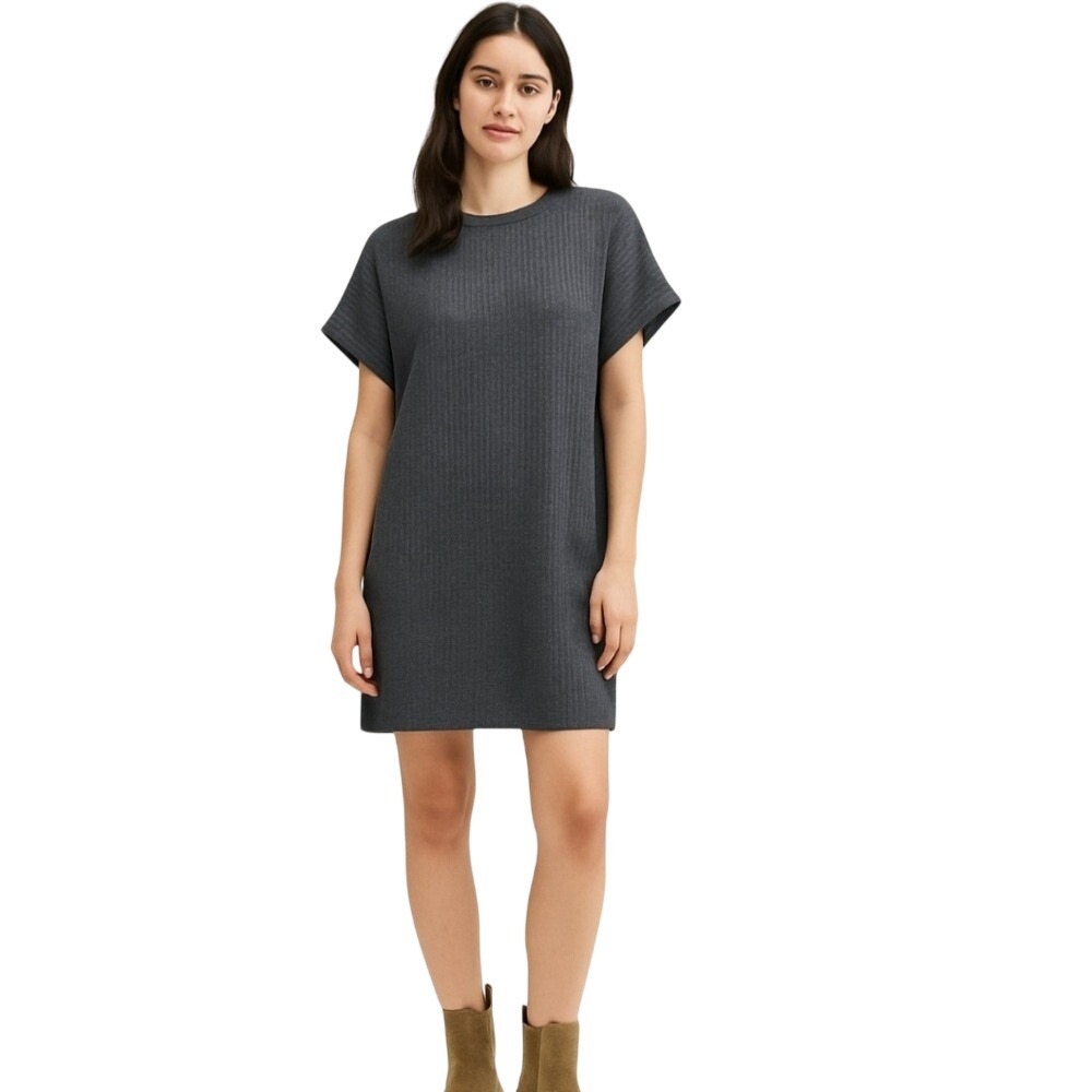 Zara Mini Dress Soft Wide Grey Rib Texture Crew Neck Roll Sleeves Size Small